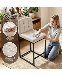 Set of 2 Modern Counter Height Bar Stools, Faux Leather Upholstered Stools with Backrest and Footrest, Armless Design and Metal Legs for Kitchen