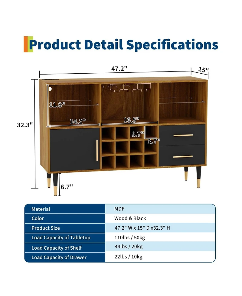 47.2" Wood Color Wine Bar Cabinet with Led Lights, Charging Station, Wine Rack and Glass Holder