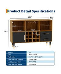 47.2" Wood Color Wine Bar Cabinet with Led Lights, Charging Station, Wine Rack and Glass Holder