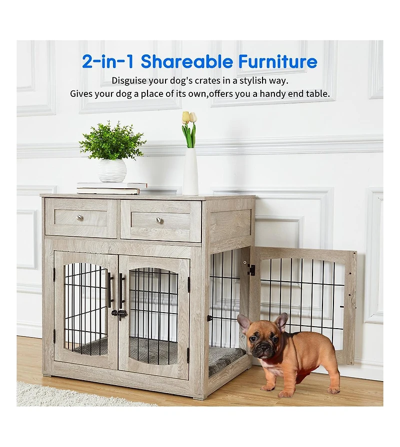 Medium/Large Engineered Wood Dog Crate Furniture, Indoor Dog Kennel Cage with Metal Double Doors, Decorative Pet End Table for Living Room