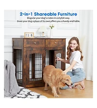 Medium/Large Engineered Wood Dog Crate Furniture, Indoor Dog Kennel Cage with Metal Double Doors, Decorative Pet End Table for Living Room