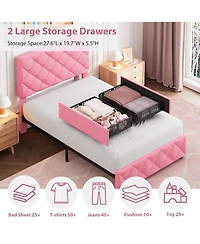 Bed Frame with 4 Storage Drawers and Adjustable Headboard, Linen Upholstered Platform Beds, Diamond Stitched Button Tufted