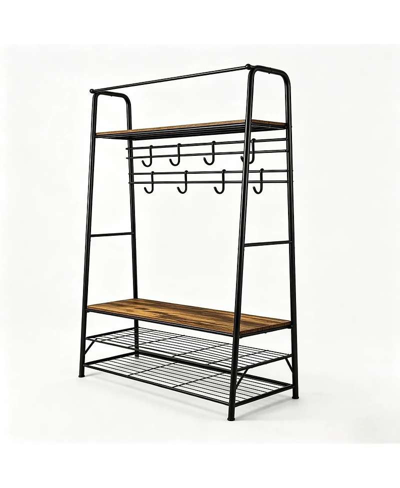 Hall Tree with Bench, Entryway Coat Rack Shoe Storage Organizer with 8 Hooks, Stable Metal Frame Space-Saving Mudroom Furniture for Foyer Home