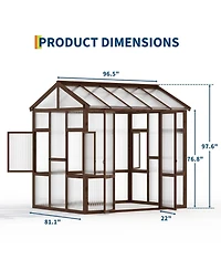 8x7 Ft Walk-In Greenhouse, Fir Wood Frame with Clear Polycarbonate Panels for Patio Backyard Garden All-Season Plant Growing, Natural Wood