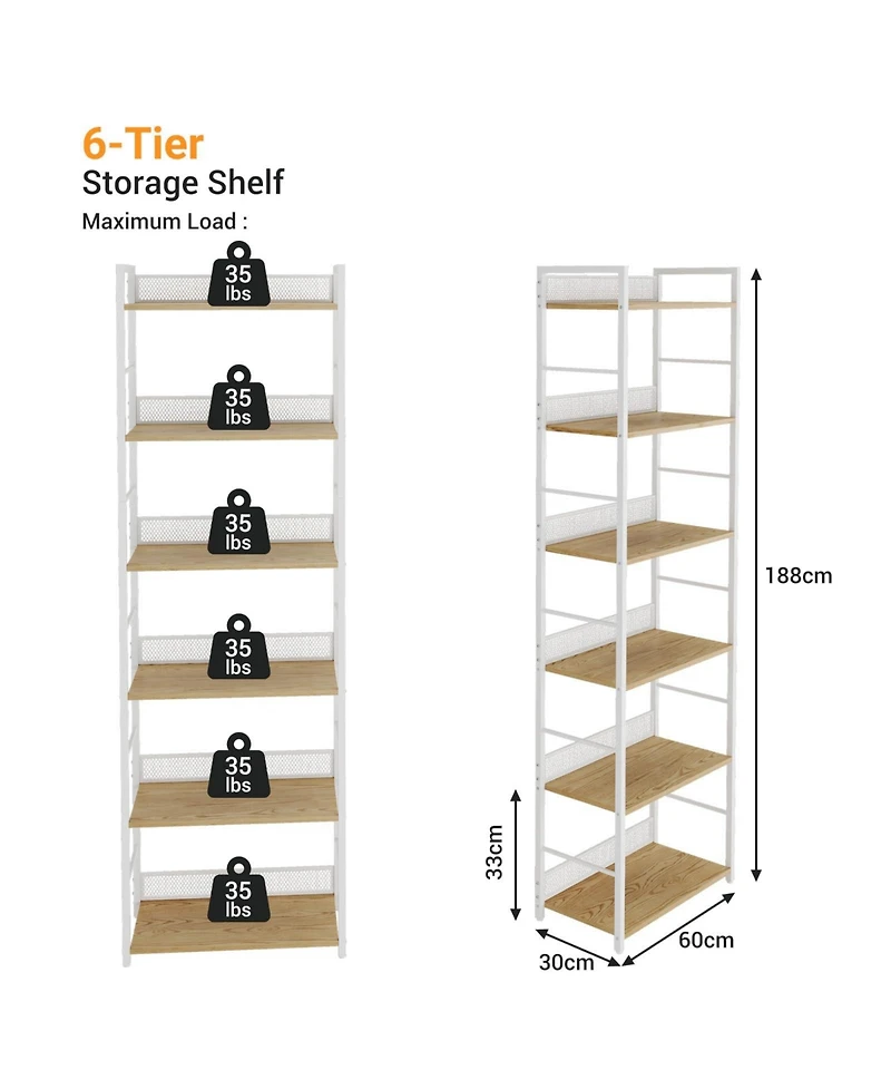 24" W x 12" D x 74" H 6-Tier Shelf with Diamond Mesh Back, Steel Frame and Engineered Wood Shelves for Living Room Home Office, White/Black