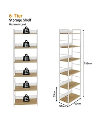 24" W x 12" D x 74" H 6-Tier Shelf with Diamond Mesh Back, Steel Frame and Engineered Wood Shelves for Living Room Home Office, White/Black
