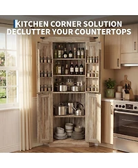 24 x 24 x 71 in Corner Kitchen Cabinet with 5 Shelves and Spice Racks, Engineered Wood Pantry Storage for Dining Room Living Room, Gray