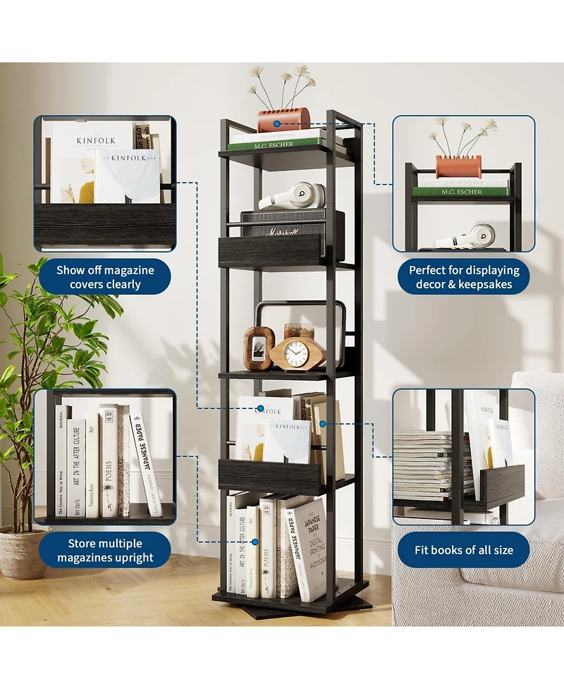 homfan 5-Tier Corner Bookshelf, 360-Degree Rotating Tall Narrow Bookcase with Guardrail, Industrial Storage Rack for Living Room Bedroom Home Office