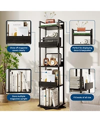 homfan 5-Tier Corner Bookshelf, 360-Degree Rotating Tall Narrow Bookcase with Guardrail, Industrial Storage Rack for Living Room Bedroom Home Office