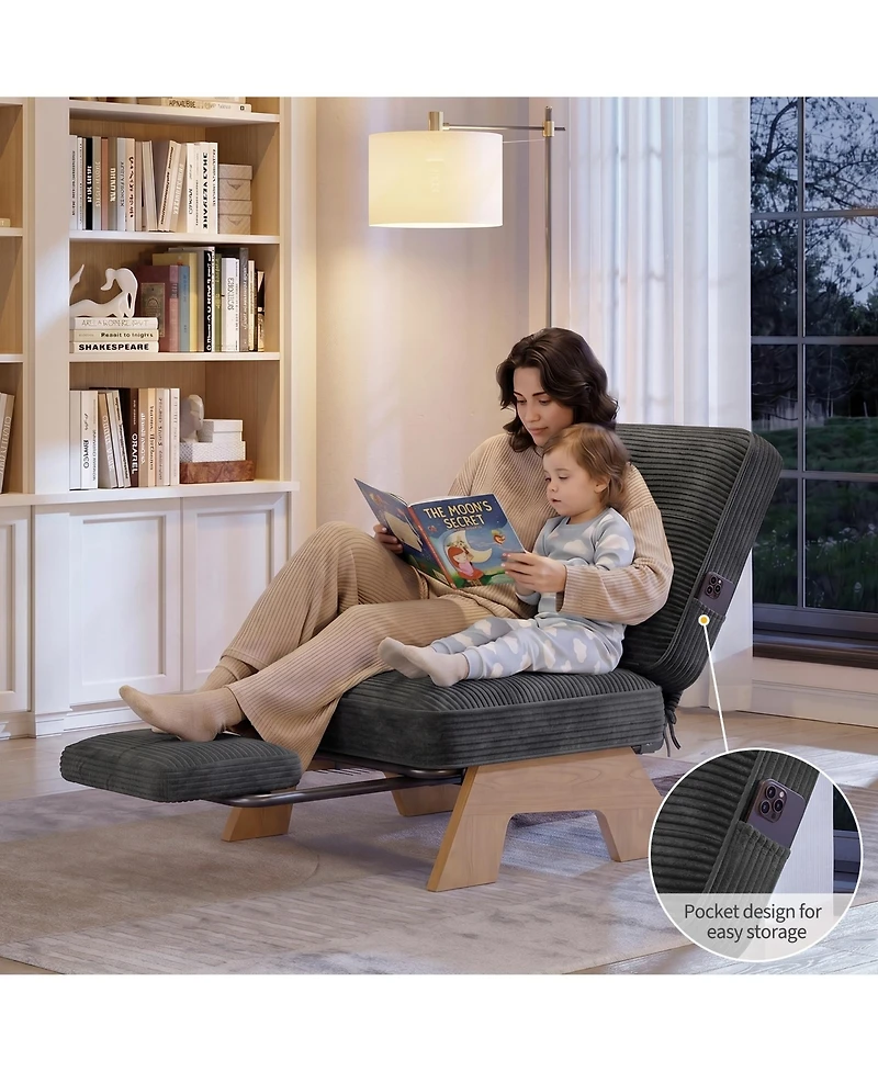 Accent Lounge Chair with Adjustable Backrest and Built-in Footrest Tufted Corduroy Armchair with Lumbar Pillow for Living Room Bedroom Reading Nook
