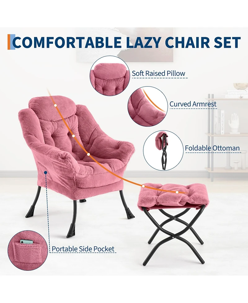 Lounge Armchair with Ottoman Set Modern Ergonomic Recliner 400 lb Capacity Thick Cushion Collapsible Footrest Side Pocket for Living Room Pink