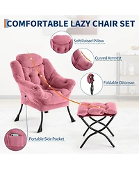 Lounge Armchair with Ottoman Set Modern Ergonomic Recliner 400 lb Capacity Thick Cushion Collapsible Footrest Side Pocket for Living Room Pink