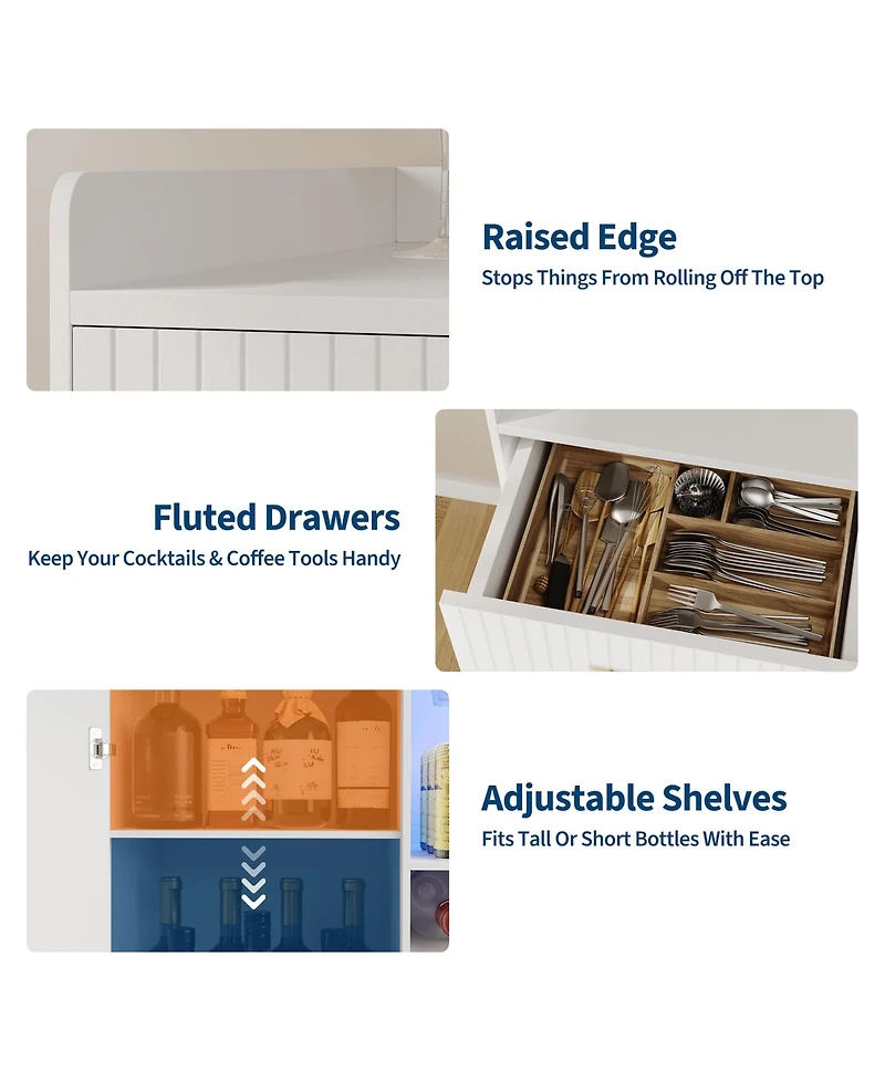 Multi-Functional Coffee Bar Cabinet with Fridge Space, Wine Rack, Glass Holder, Power Outlet and Led Light, Fluted Sideboard Mini Bar for Home Kitchen