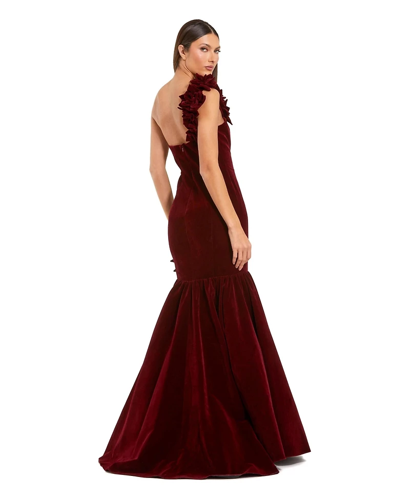 Mac Duggal Women's One-Shoulder Velvet Mermaid Gown with Floral Appliques