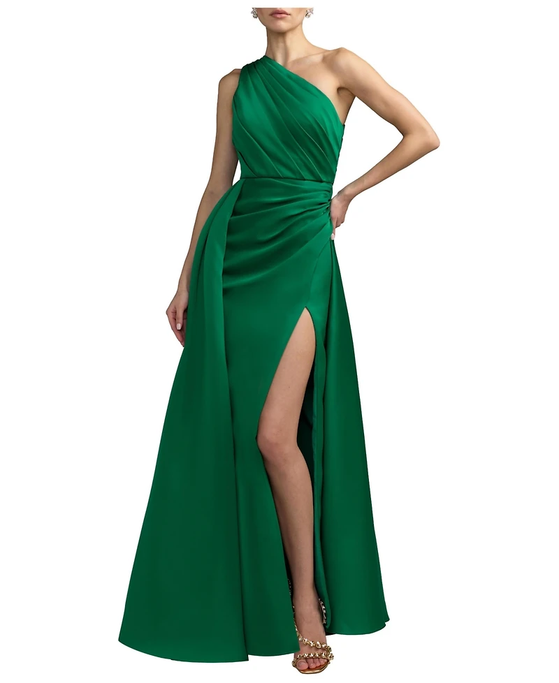 Mac Duggal Women's One-Shoulder Draped Satin Gown with Overskirt