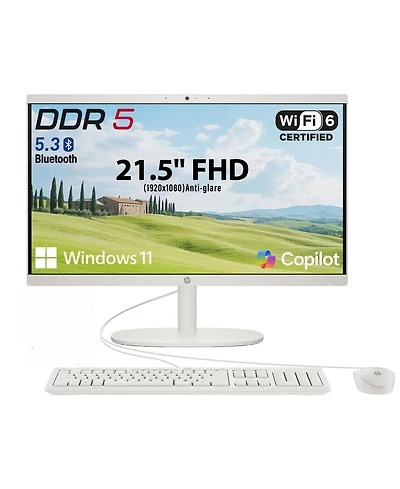 Hp 21.5" Fhd All-in-One Desktop, Intel N-Series N100, Intel Uhd Graphics, 16GB DDR5, 128GB eMMC, Wi-Fi 6, Windows 11 Home, White