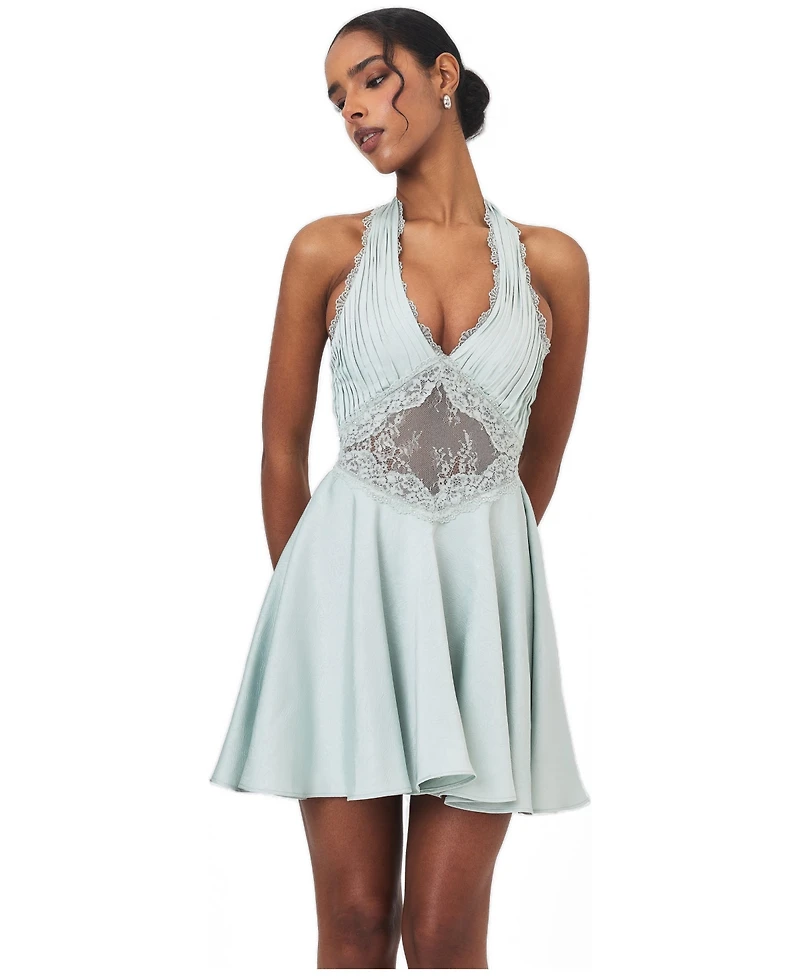 Miss Circle Women's Rianna Light Sage Crinkle Satin Halter Mini Dress
