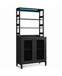 67 Inch Bar Cabinet, Farmhouse Bakers Rack with Rgb Led Lights, Power Outlet, Storage Shelves, Coffee Liquor Storage Hutch for Kitchen Dining Room