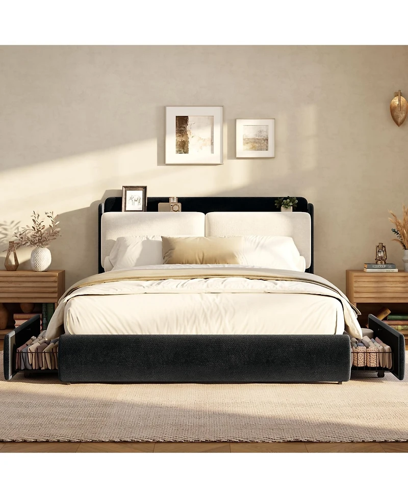 Upholstered Bed Frame with Shelf and Drawers, Chenille Platform Bed with Built in Headboard Shelf for Phone and Books