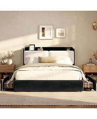 Upholstered Bed Frame with Shelf and Drawers, Chenille Platform Bed with Built in Headboard Shelf for Phone and Books