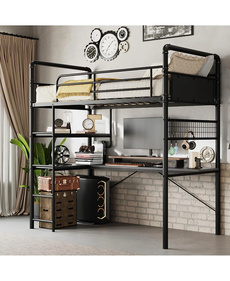 Loft Bed Twin Size Metal Heavy Duty with L-Shaped Desk and Storage Shelves High Guardrail Ladder 400 lbs Capacity Space-Saving for Bedroom Dorm Black