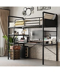 Loft Bed Twin Size Metal Heavy Duty with L-Shaped Desk and Storage Shelves High Guardrail Ladder 400 lbs Capacity Space-Saving for Bedroom Dorm Black
