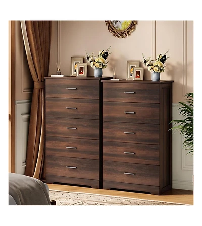 Dresser Set of 2 Mid-Century Modern 5-Drawer Chest Wood Storage Cabinet with Metal Handles for Bedroom Living Room Entryway Hallway