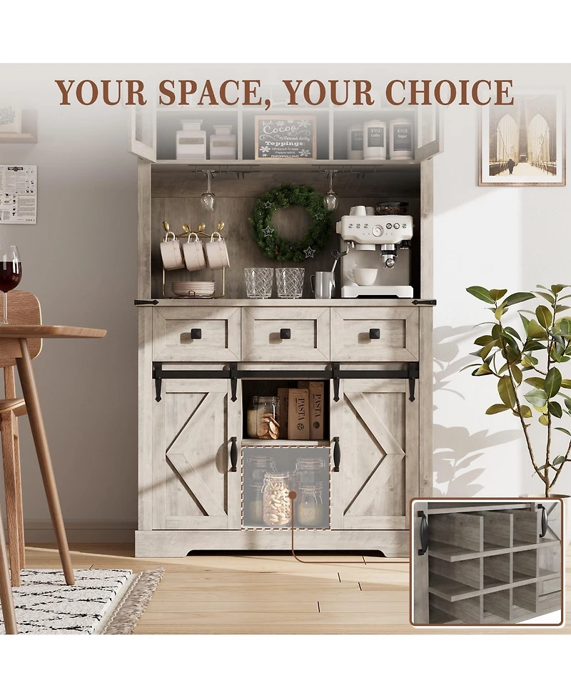72 in Farmhouse Bar Cabinet with Sliding Barn Door, Tall Kitchen Buffet with Storage Hutch, Wine Sideboard with Wine and Glasses Rack, for Living Room