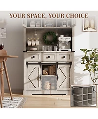 72 in Farmhouse Bar Cabinet with Sliding Barn Door, Tall Kitchen Buffet with Storage Hutch, Wine Sideboard with Wine and Glasses Rack, for Living Room