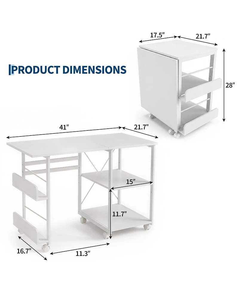 Folding Rolling Computer Desk, Space-Saving Versatile Home Office Writing Table with Wheels, Storage Shelf, Side Organizer for Bedroom Dorm