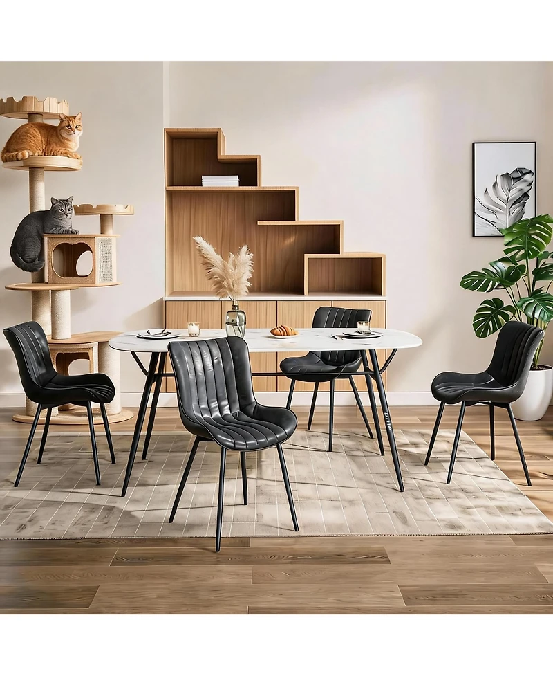 Dining Chairs Set of 2, Ergonomic Upholstered Kitchen Chair with Waterproof Pu Leather Seat, Stable Metal Legs, 300 lbs Capacity, Black
