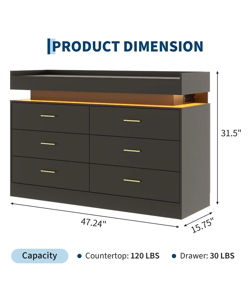 6 Drawer Dresser with Led Light and Raised Top Shelf, Modern Wide Storage Chest with Metal Pulls, Storage Cabinet for Bedroom, Living Room, Entryway