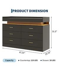 6 Drawer Dresser with Led Light and Raised Top Shelf, Modern Wide Storage Chest with Metal Pulls, Storage Cabinet for Bedroom, Living Room, Entryway