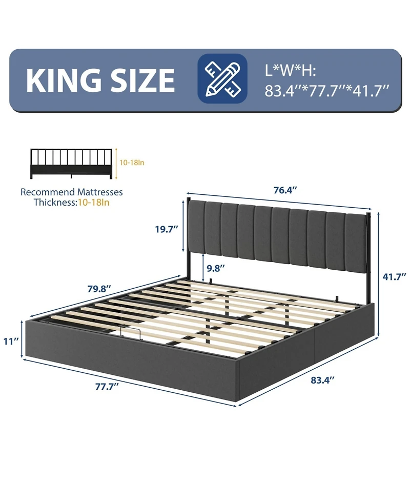 King Size Lift Up Storage Bed Frame, Linen Upholstered Platform Bed, Hydraulic System with Handle, No Box Spring Needed, Wood Slats Support