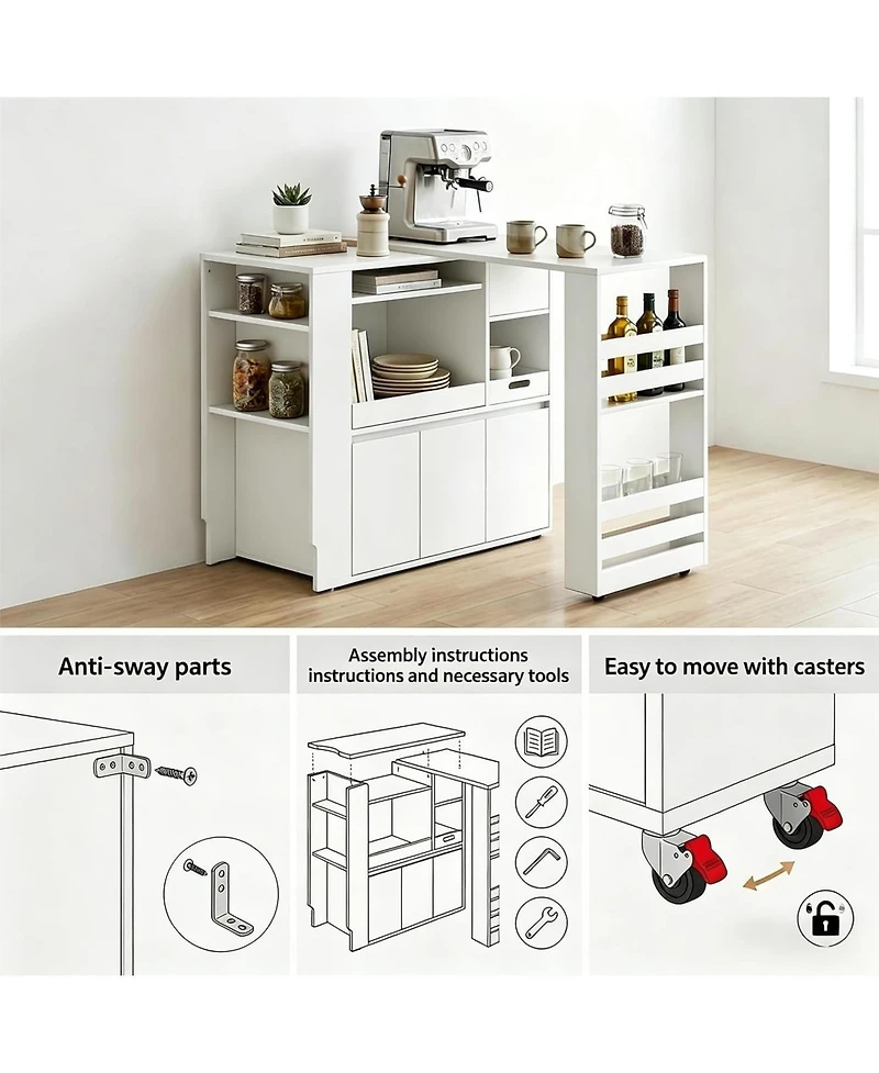 Extendable Rotating Kitchen Island Dining Table, Multi-Functional Mdf Counter with Drawers, Cabinet, Storage Rack for Kitchen Dining Room Home Office