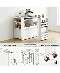 Extendable Rotating Kitchen Island Dining Table, Multi-Functional Mdf Counter with Drawers, Cabinet, Storage Rack for Kitchen Dining Room Home Office