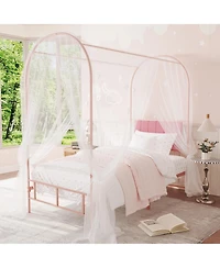 Twin Arch Canopy Bed Frame, Pink Kids Metal Platform Bed Frame with Upholstered Headboard, Underbed Storage, No Box Spring Needed Easy Assembly