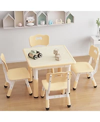 Height Adjustable Kids Table and 4 Chairs Set, Game Study Table with Graffiti Erasable Desktop, Non-Slip Legs for Playroom, Bedroom, Daycare