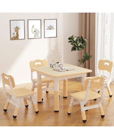 Height Adjustable Kids Table and 4 Chairs Set, Game Study Table with Graffiti Erasable Desktop, Non-Slip Legs for Playroom, Bedroom, Daycare