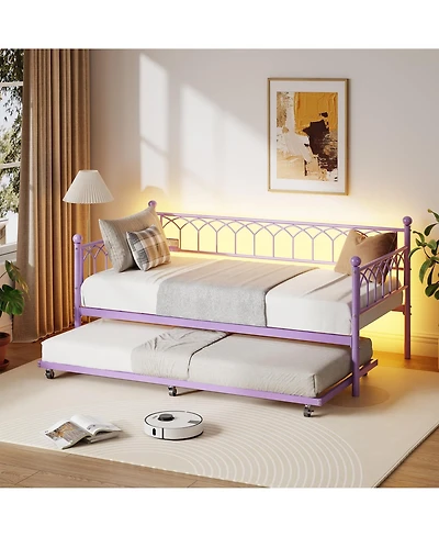 79" x 43" Twin Size Sofa Bed with Led Lights, Small Y Daybed with Lower Bed and Metal Frame, for Living Room Bedroom Dorm, Purple