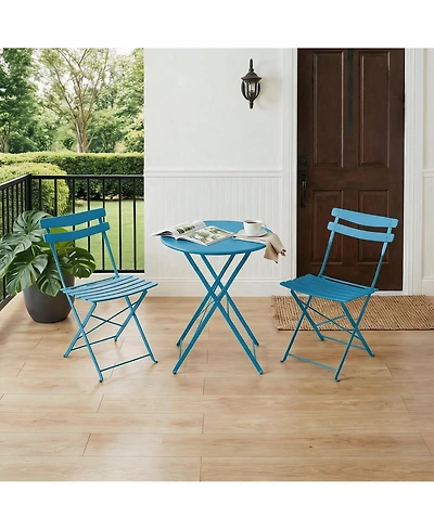 36" x 23" 3-Piece Outdoor Bistro Set with Table and 2 Chairs, Foldable Iron Patio Furniture for Balcony Garden Porch, Blue/Yellow