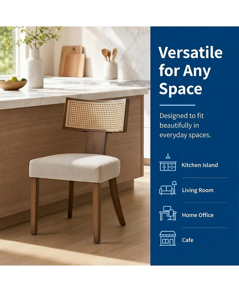 Set of 2 Mid-Century Dining Chairs with Rattan Back, Upholstered Linen Seat and Wood Frame for Kitchen Dining Room Living Room, Beige