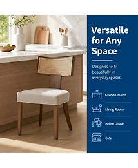 Set of 2 Mid-Century Dining Chairs with Rattan Back, Upholstered Linen Seat and Wood Frame for Kitchen Dining Room Living Room, Beige