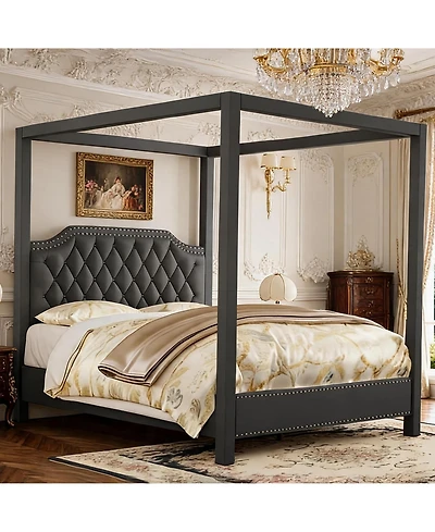 King Size Upholstered 4-Poster Canopy Bed Frame, Platform Bed Frame with Button Tufted Nailhead Headboard, No Box Spring Required