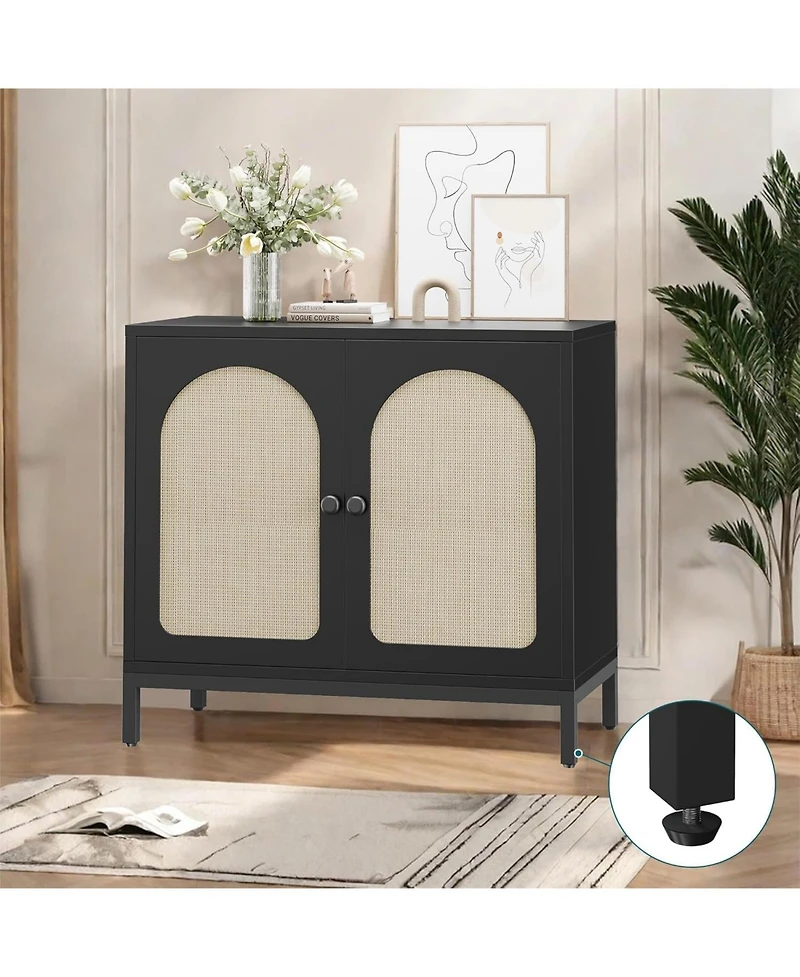 32 x 16 x 28 in Set of 2 Rattan Storage Cabinets with Arch Doors, Engineered Wood Cabinet with Shelves for Living Room Entryway, Black