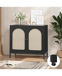 32 x 16 x 28 in Set of 2 Rattan Storage Cabinets with Arch Doors, Engineered Wood Cabinet with Shelves for Living Room Entryway, Black