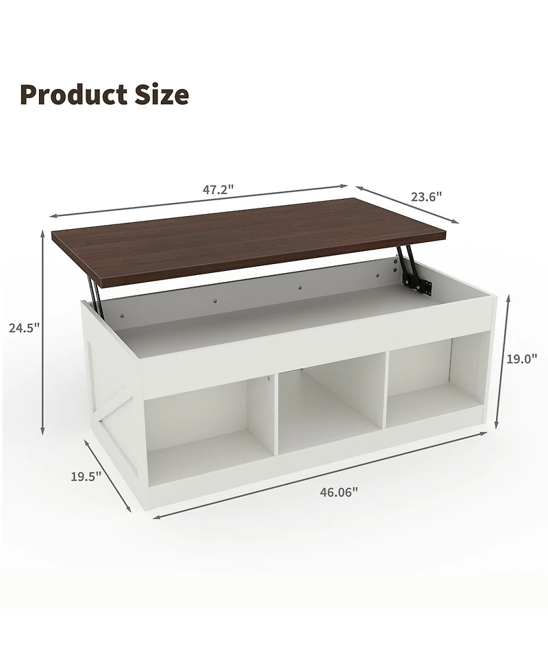 Farmhouse Lift-Top Coffee Table, Adjustable Height Hydraulic Lift, Hidden Storage Compartment, Shelf, Versatile For Home, Office, Living Room
