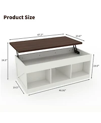 Farmhouse Lift-Top Coffee Table, Adjustable Height Hydraulic Lift, Hidden Storage Compartment, Shelf, Versatile For Home, Office, Living Room
