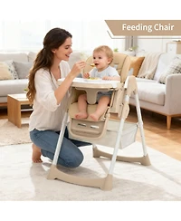 Baby High Chair, Foldable Portable Dining Chair for Babies and Toddlers with Adjustable Footrest and 5-Point Harness, Removable Tray, 7-Seat Height