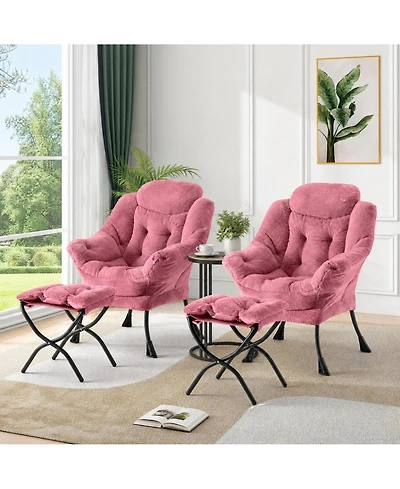Accent Chair with Ottoman Set of 2 Lazy Chair Faux Fur Reading Chair with Armrest and Side Pocket Metal Legs for Bedroom Living Room Dorm Office